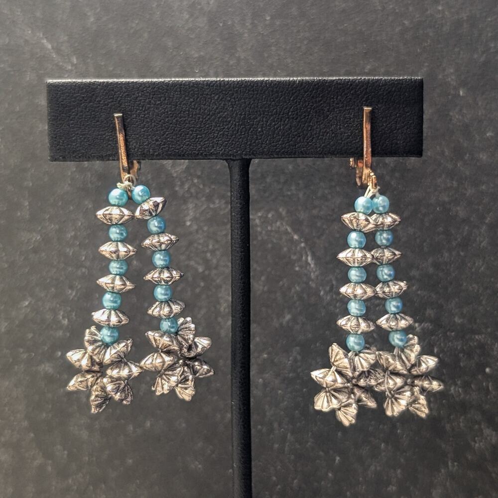 Vintage Clip On Earrings Aqua & Silver Tone Long Light Weight Dangle - Tarnished